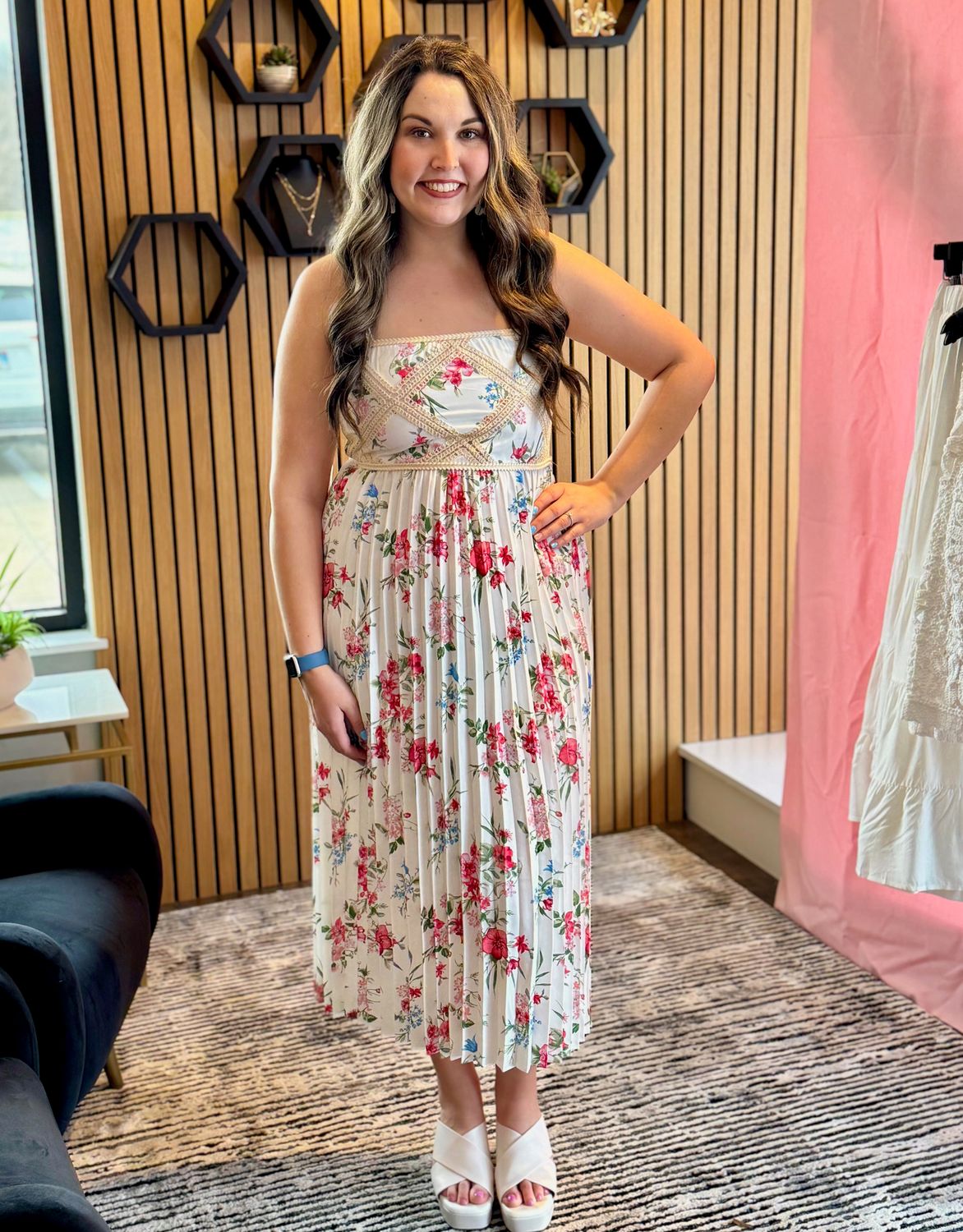 Off White Printed Crochet Patch Midi