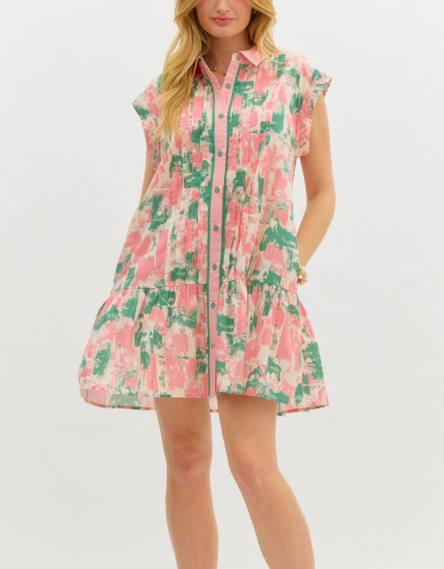 Green Abstract Print Button Up Dress