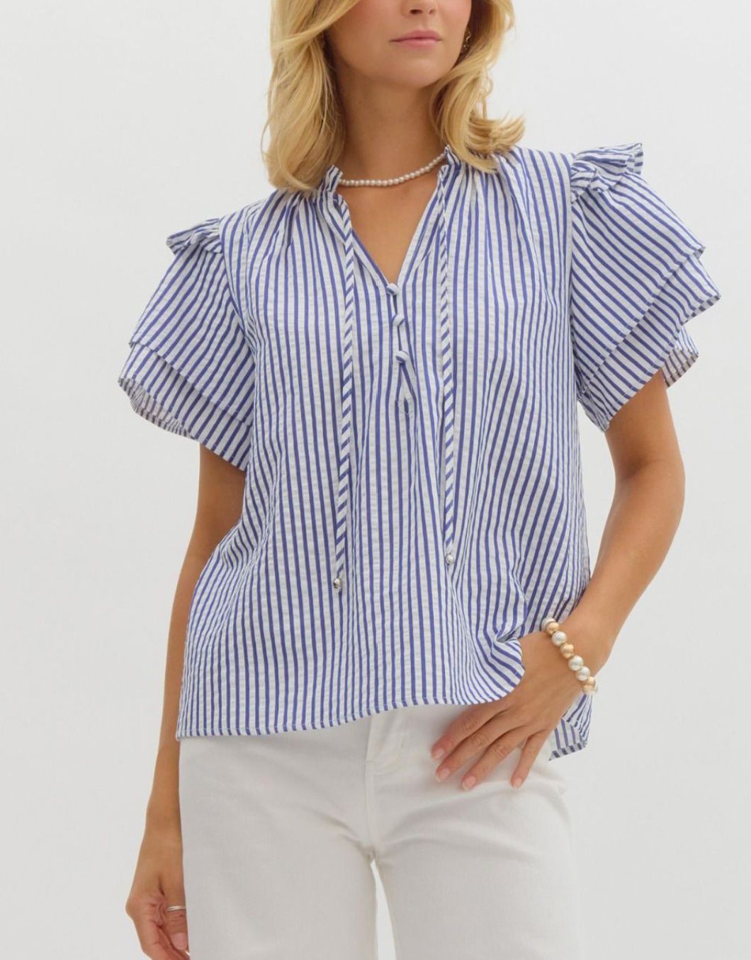 Navy Stripe Ruffle Sleeve Blouse 