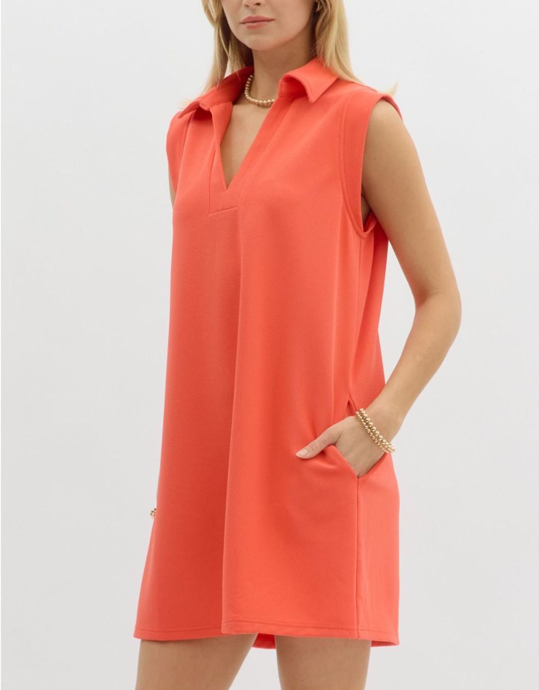 Coral Collared V Neck Knit Dress