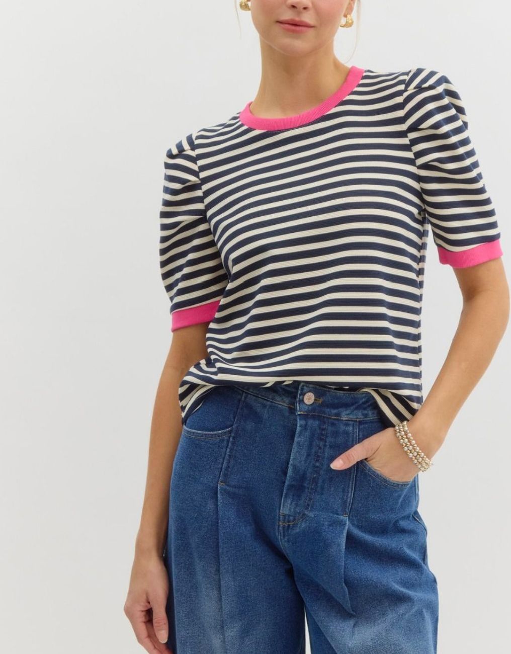 Navy Stripe Ruched Sleeve Top