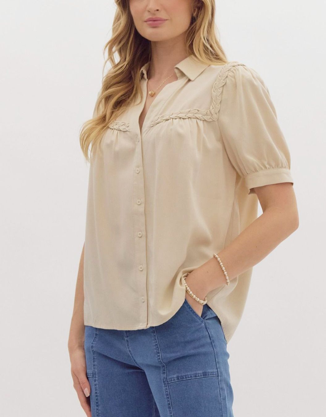 Ecru Braided Detail Collared Blouse