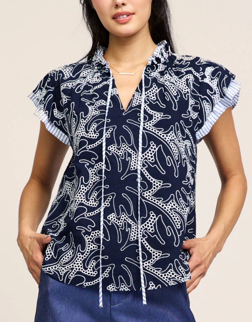 Navy Flutter Sleeve Tie Neckline Top