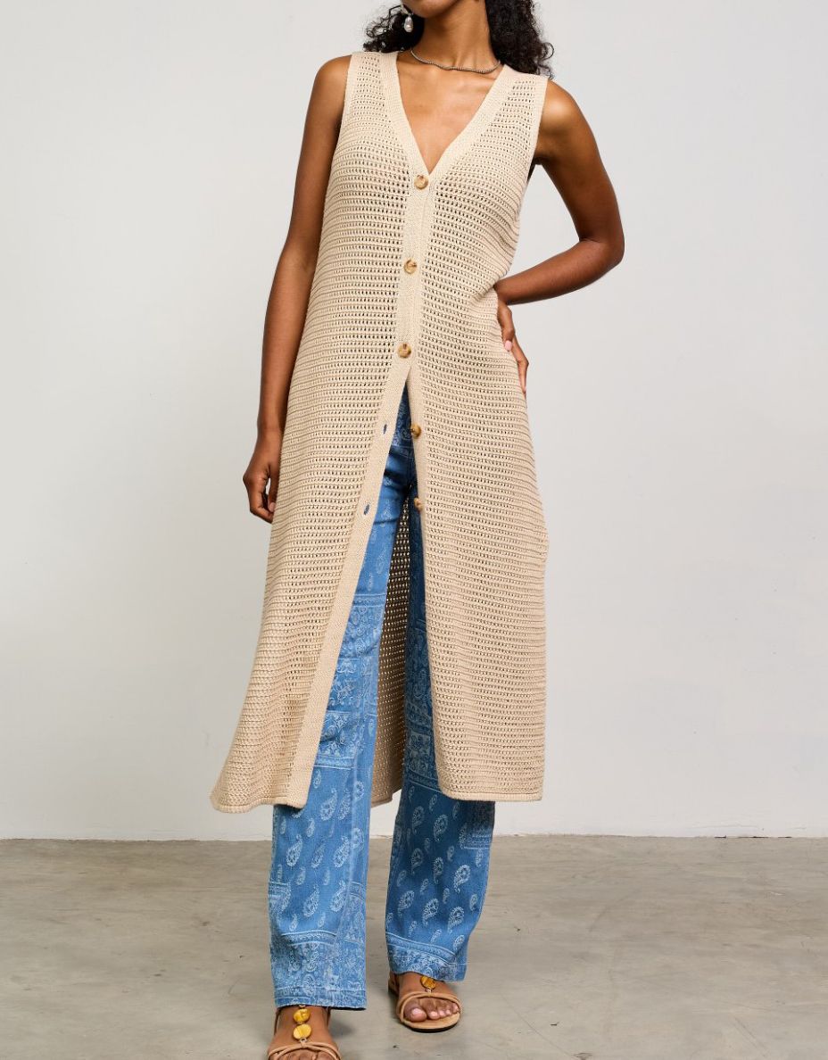 Taupe Knit Open Midi Vest