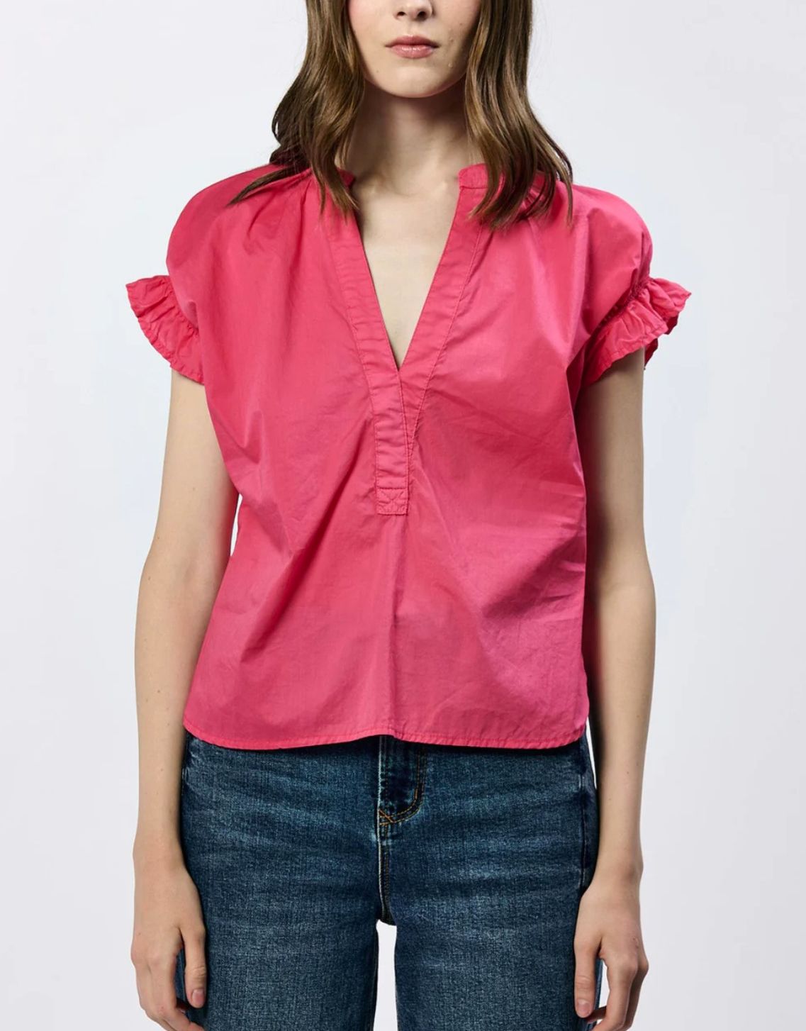 Julia Raspberry V Neck Ruffle Sleeve Top