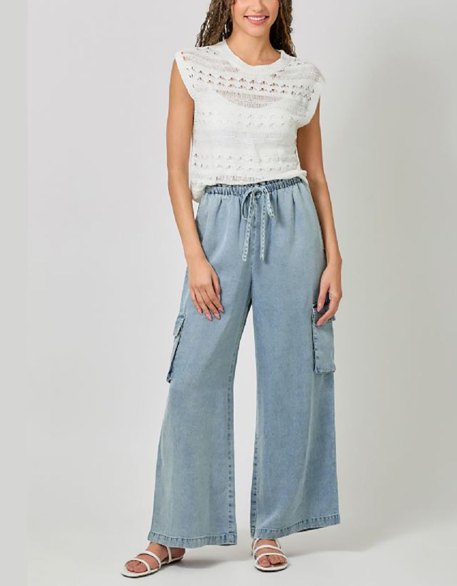 Denim Blue Wide Leg Cargo Pants