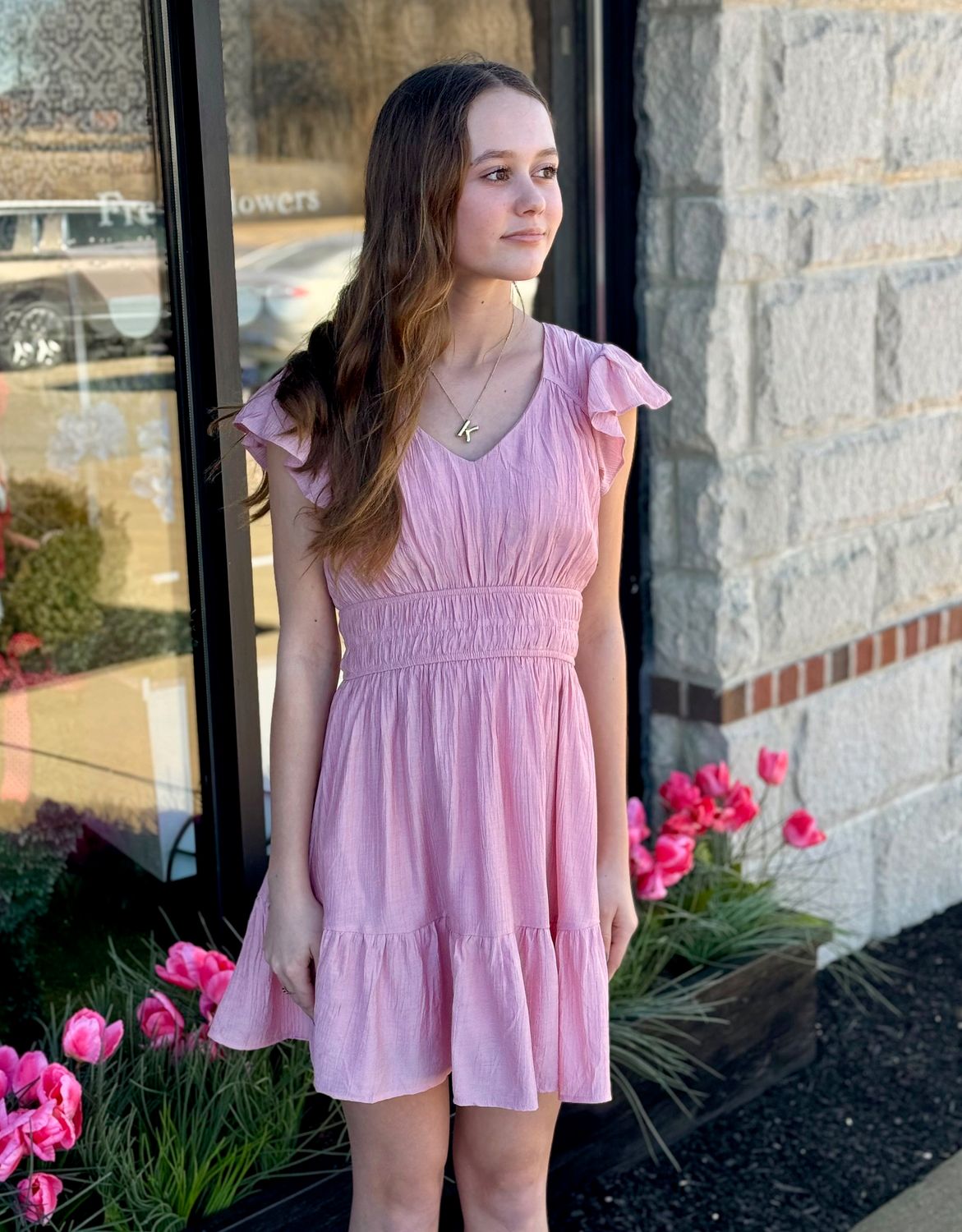 Pink Short Sleeve Ruffle Dress