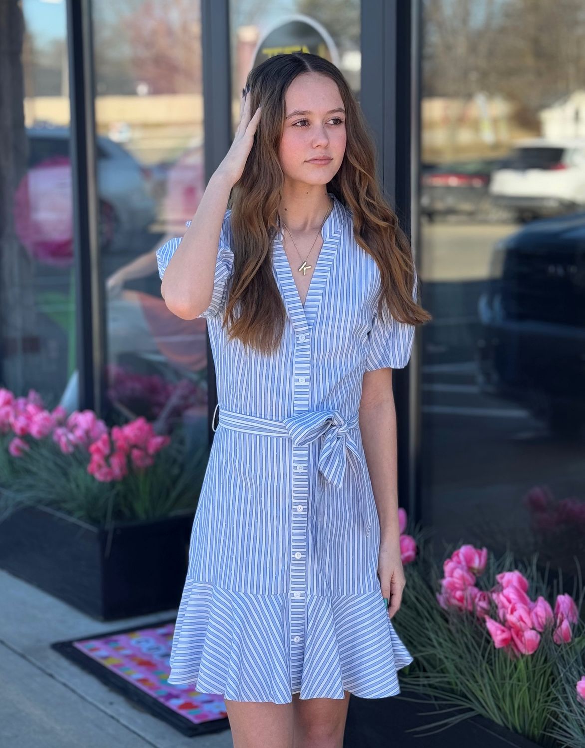 Blue Stripe Studded Tie Waist Dress