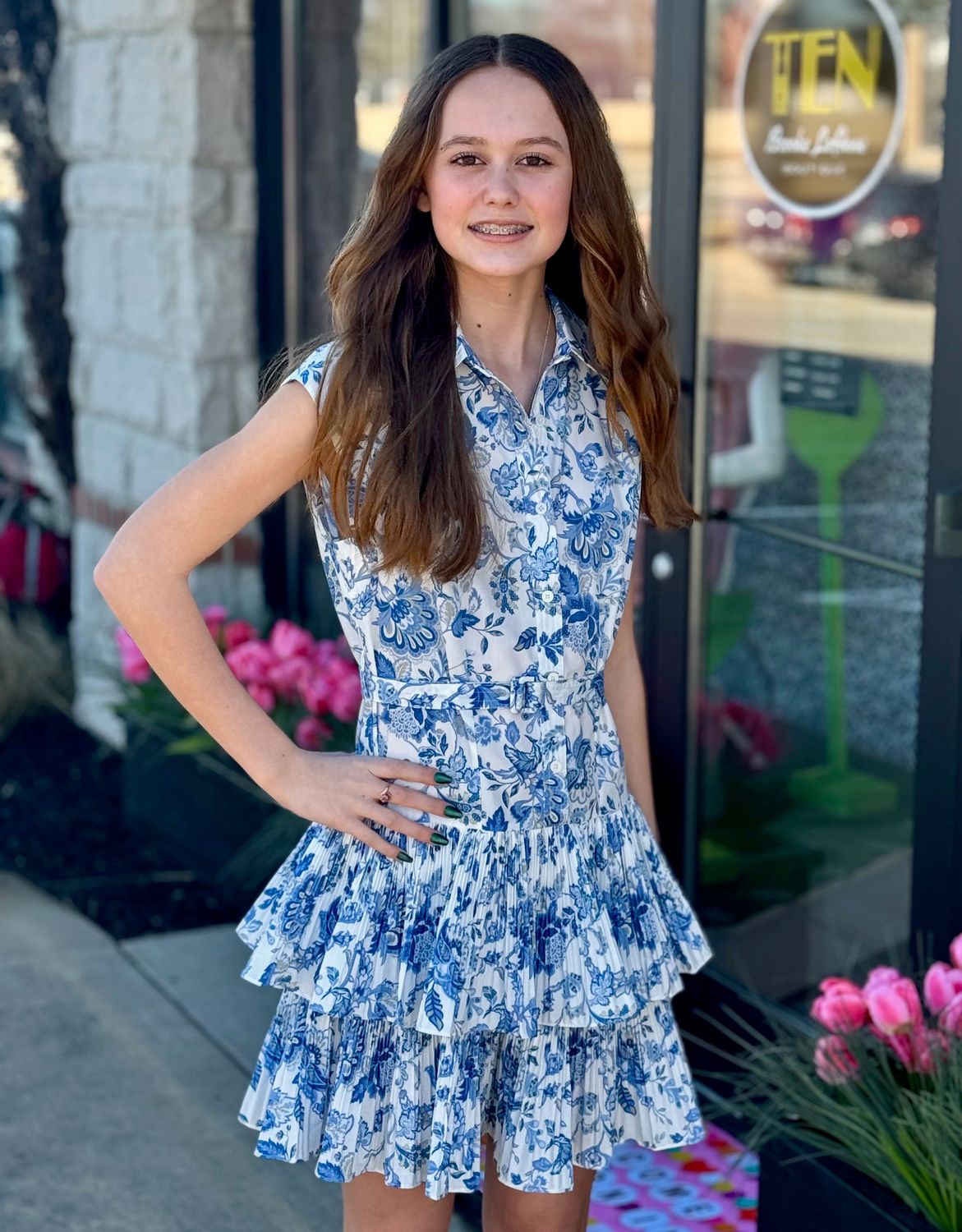 Blue Floral Print Collared Dress