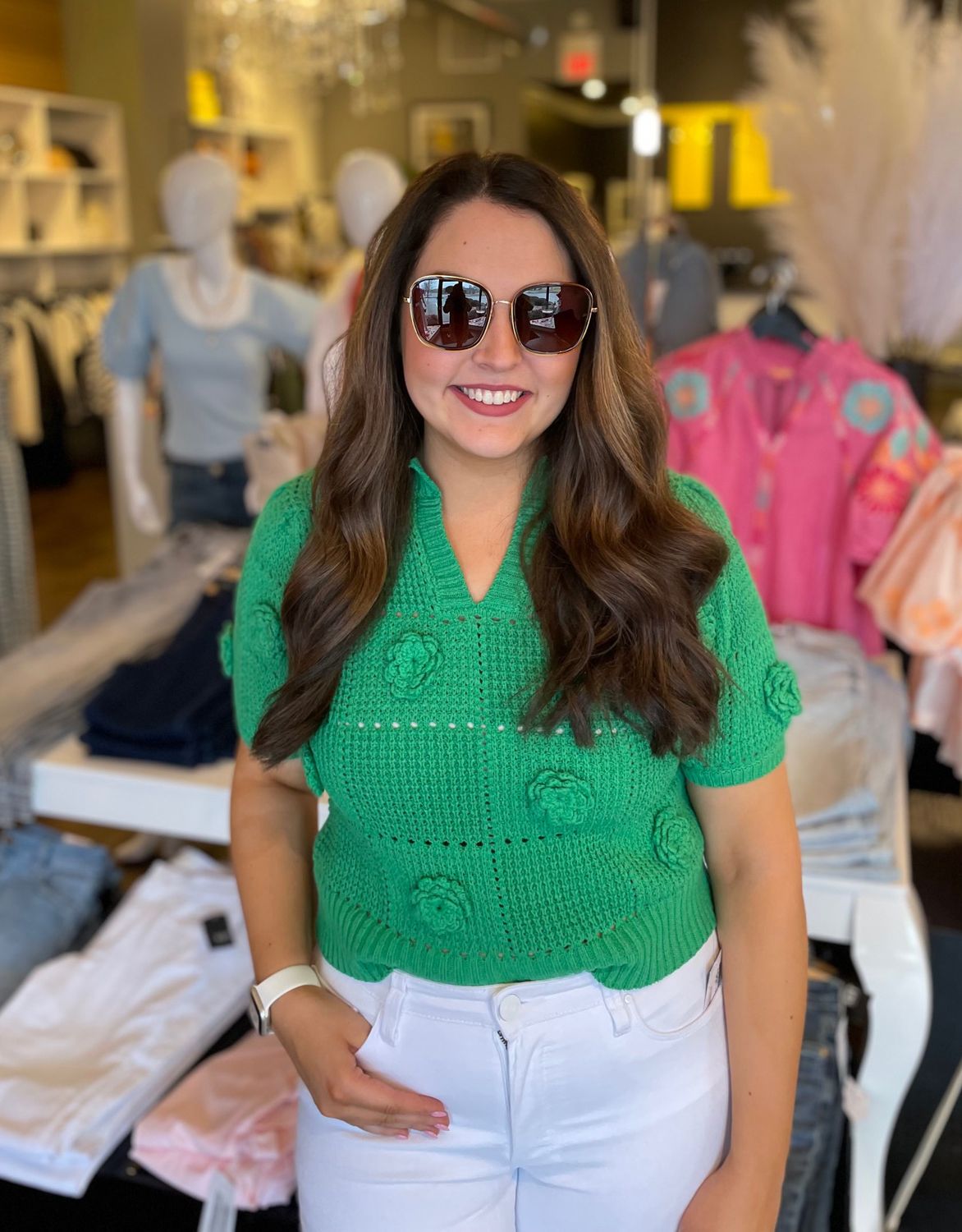 Green Flower Texture Sweater Top