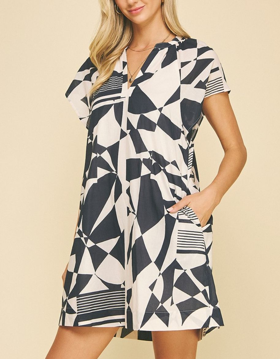 Navy Geometric Print Dress