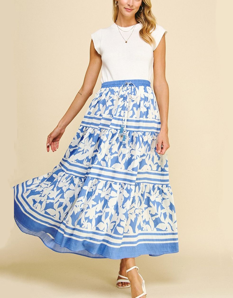 Blue Floral Tiered Maxi Skirt