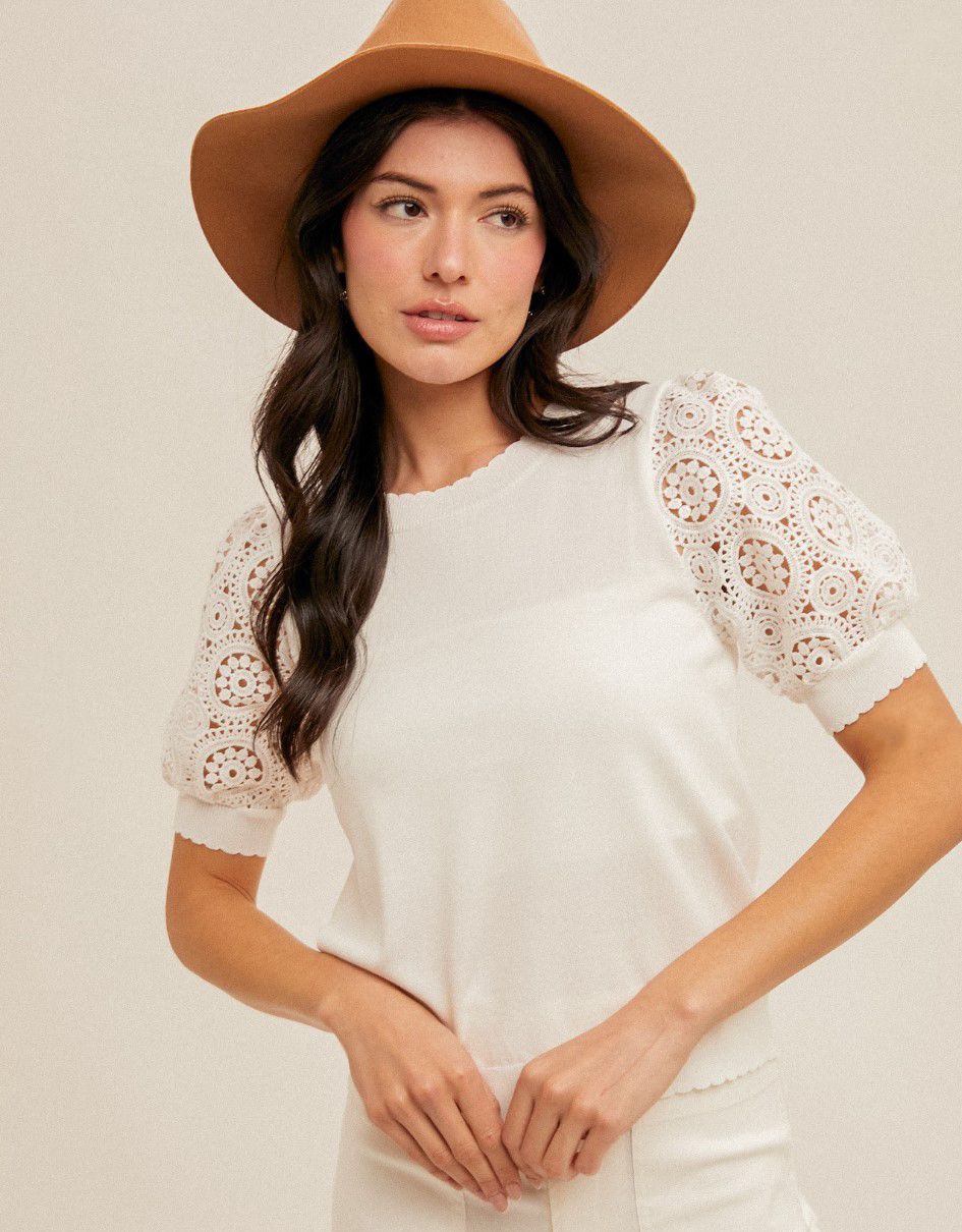 White Crochet Sleeve Sweater Top