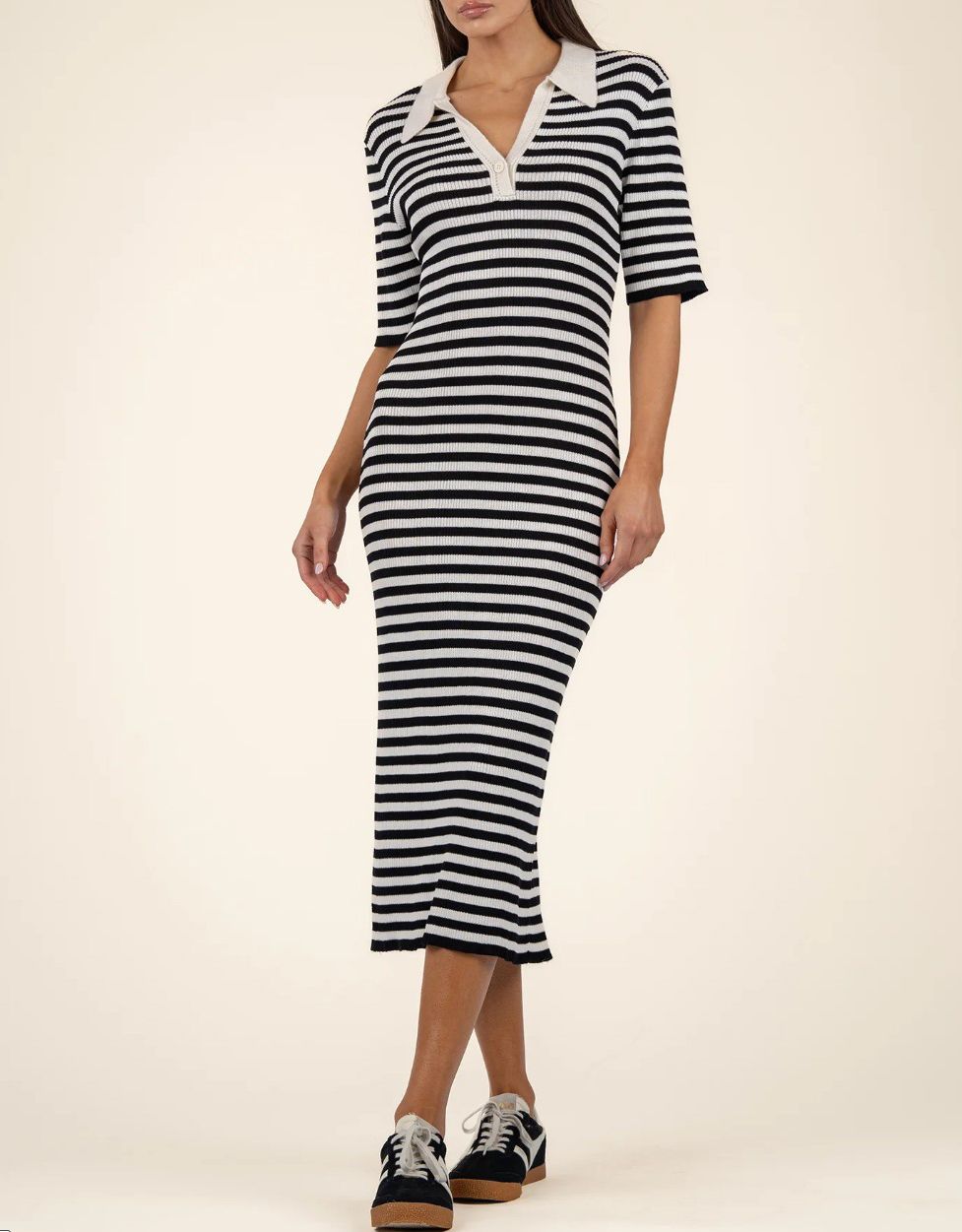 Black Stripe Apollonia V Neck Dress