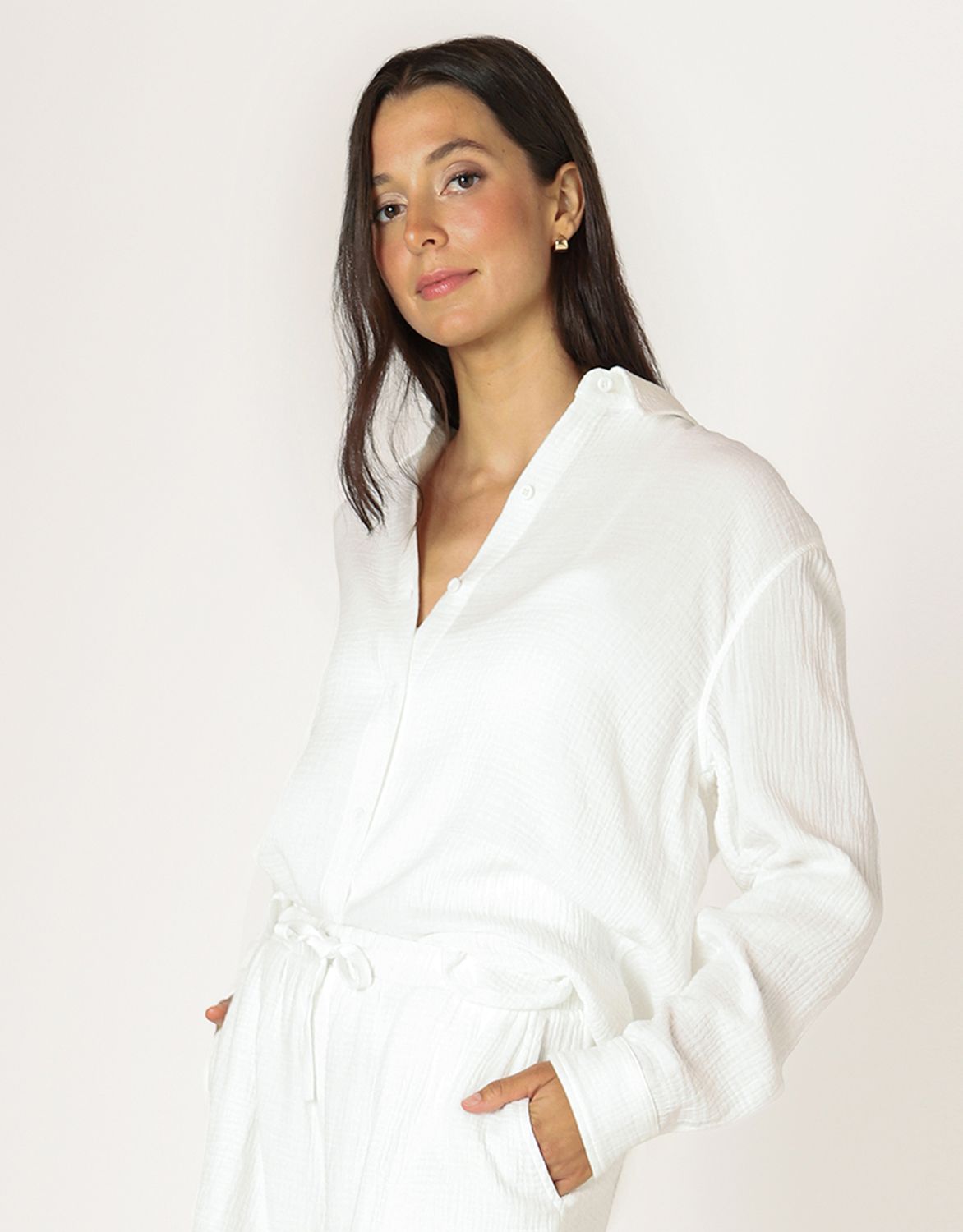 White Textured Button Up Top