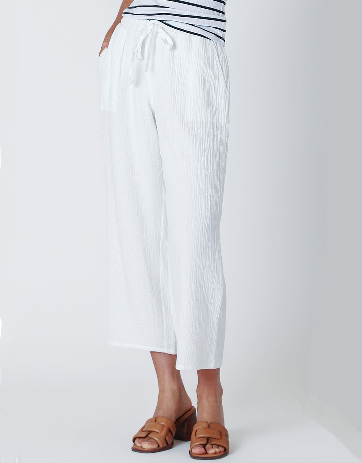 White Textured Pull On Pants