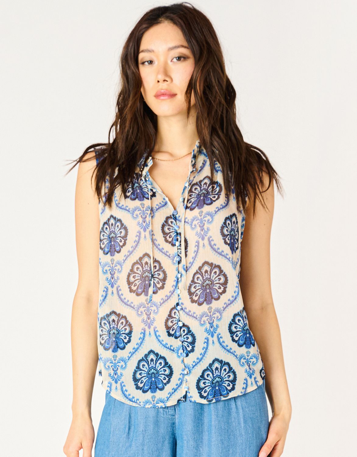 Blue Medallion Print V Neck Blouse