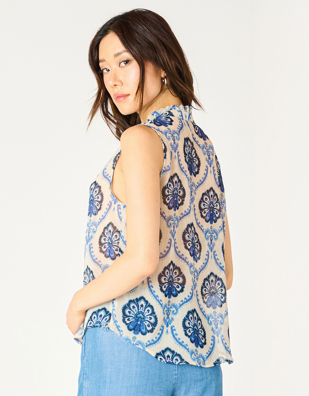 Blue Medallion Print V Neck Blouse