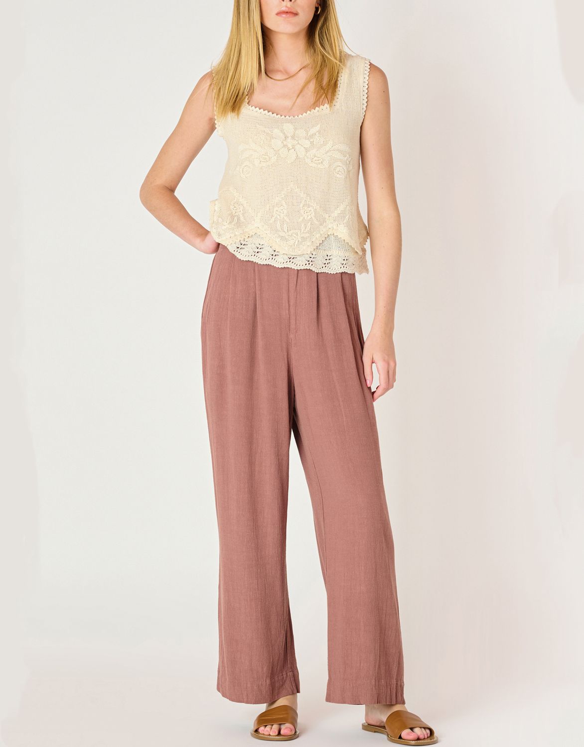 Rose Taupe Wide Leg Pull On Pants
