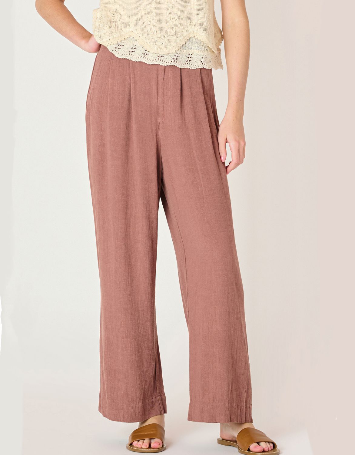 Rose Taupe Wide Leg Pull On Pants