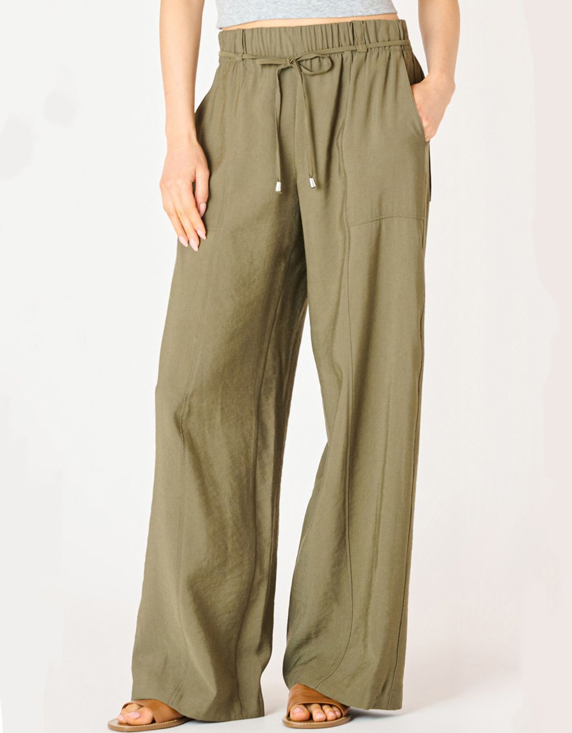 Olive Belted Wide Leg Flowy Pants