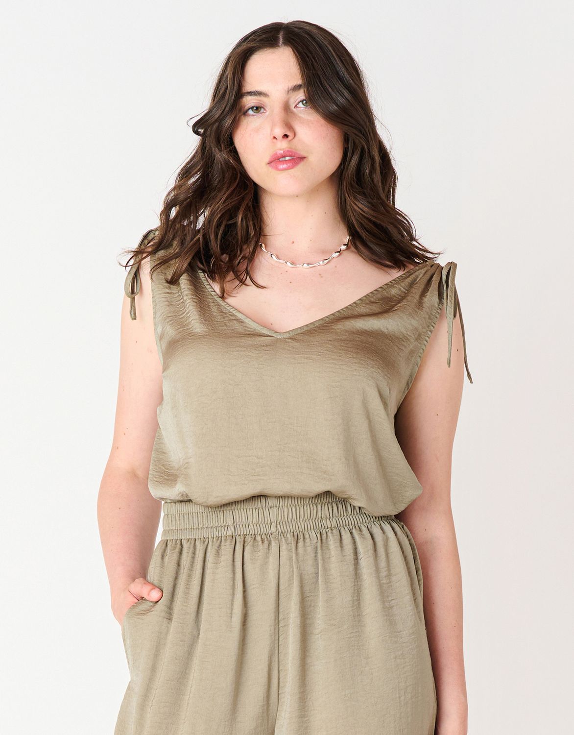 Soft Sage Tie Shoulder Top