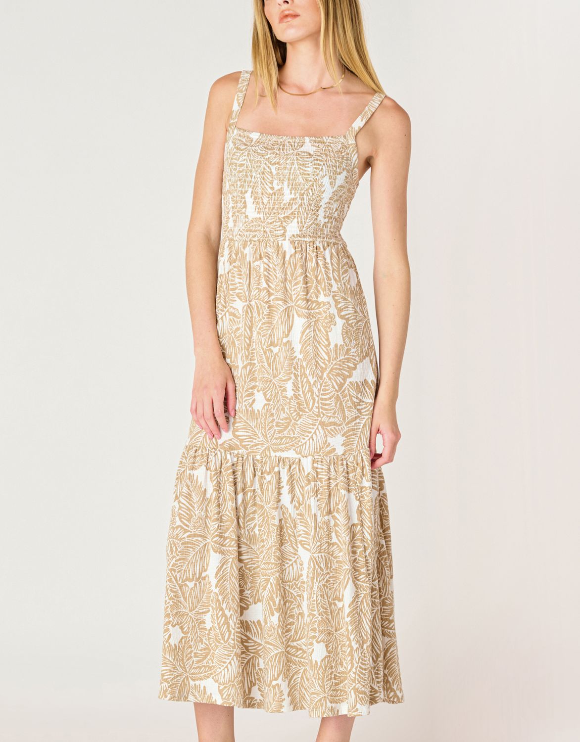 Neutral Palm Smocked Midi