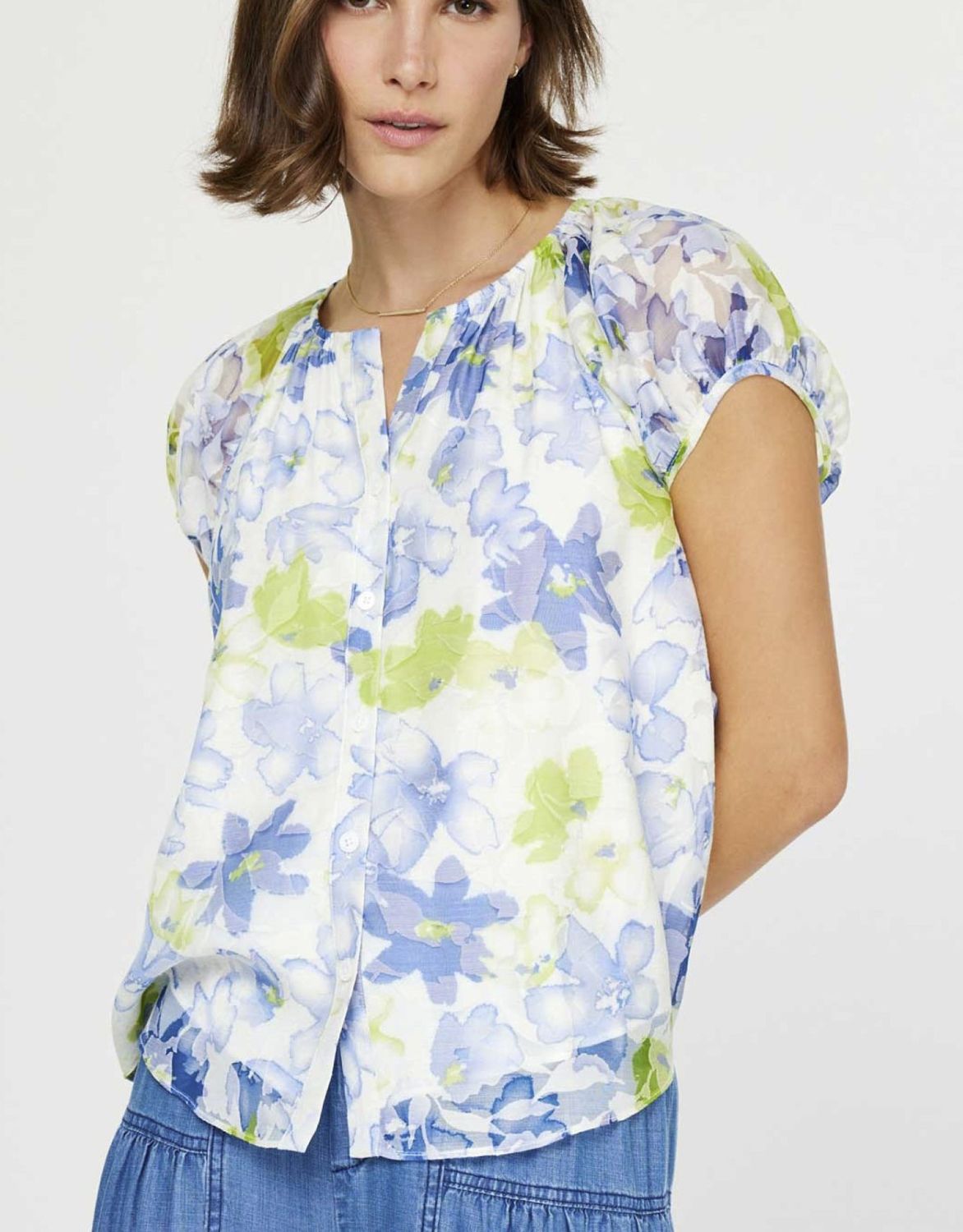 Blue Green Floral Button Up Blouse