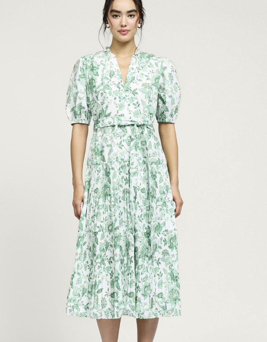 Green Print Tie Waist Midi