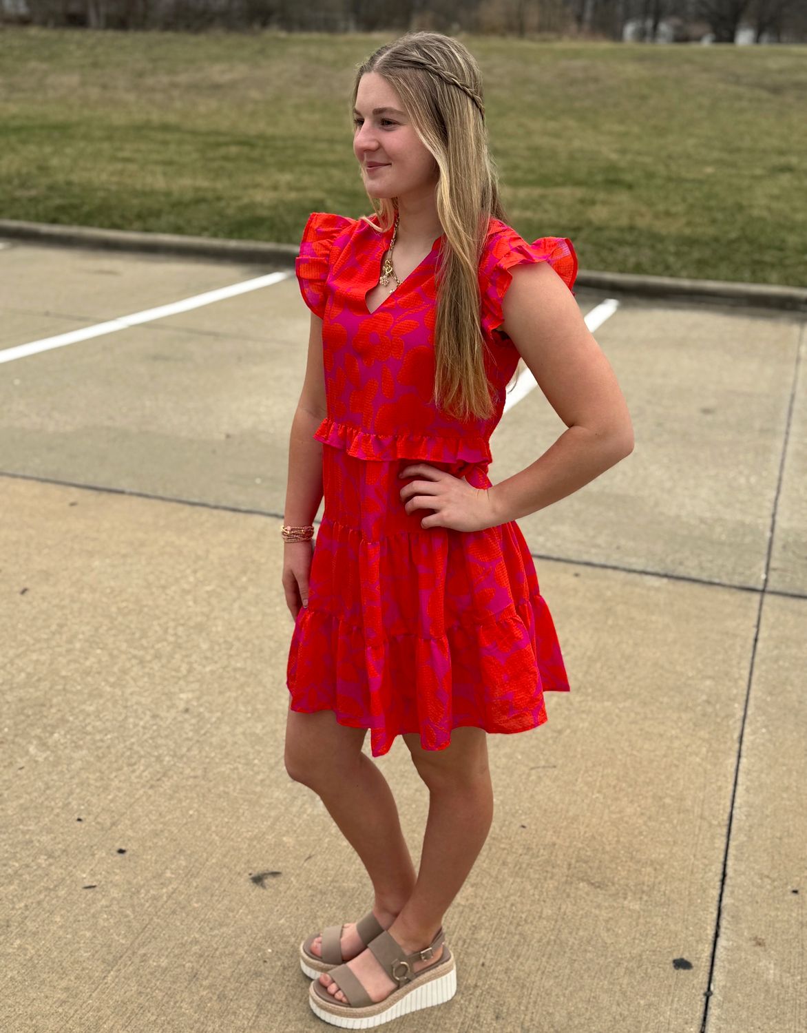 Hot Pink Flower Print Tiered Dress