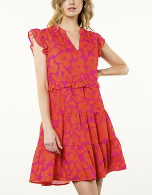 Hot Pink Flower Print Tiered Dress