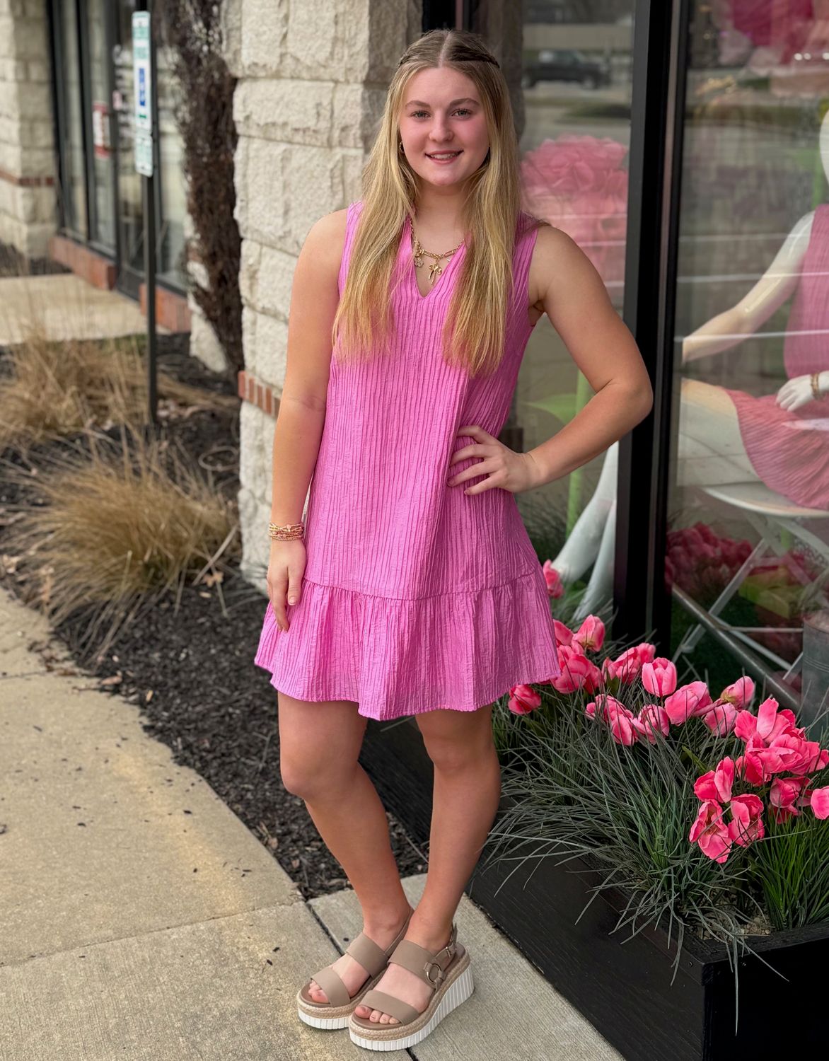 Pink Textured Flutter Hem Dress