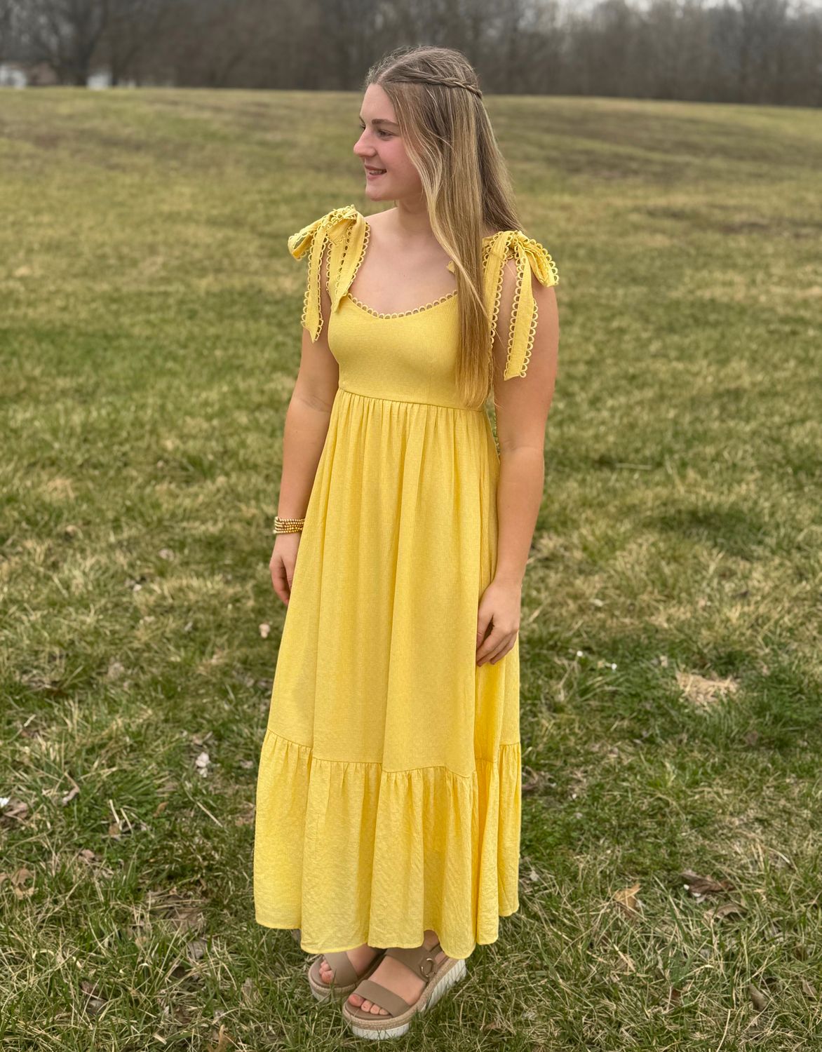 Yellow Scallop Eyelet Trim Tie Strap Midi
