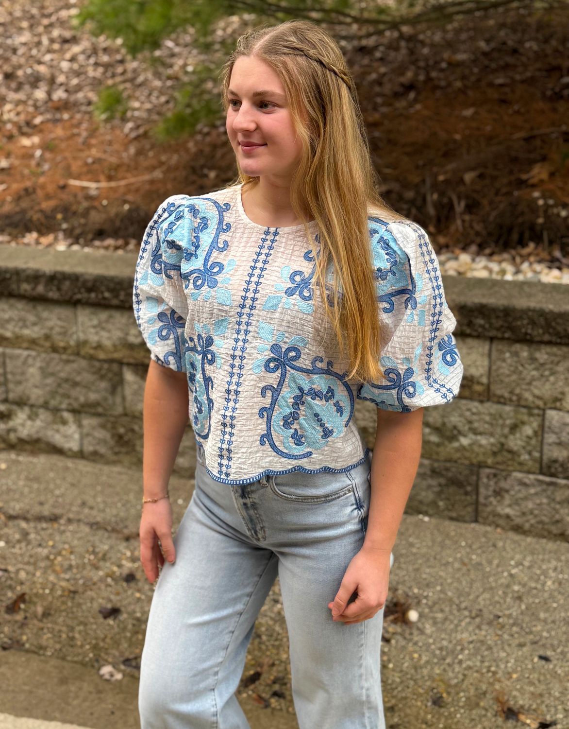 White Embroidered Textured Top