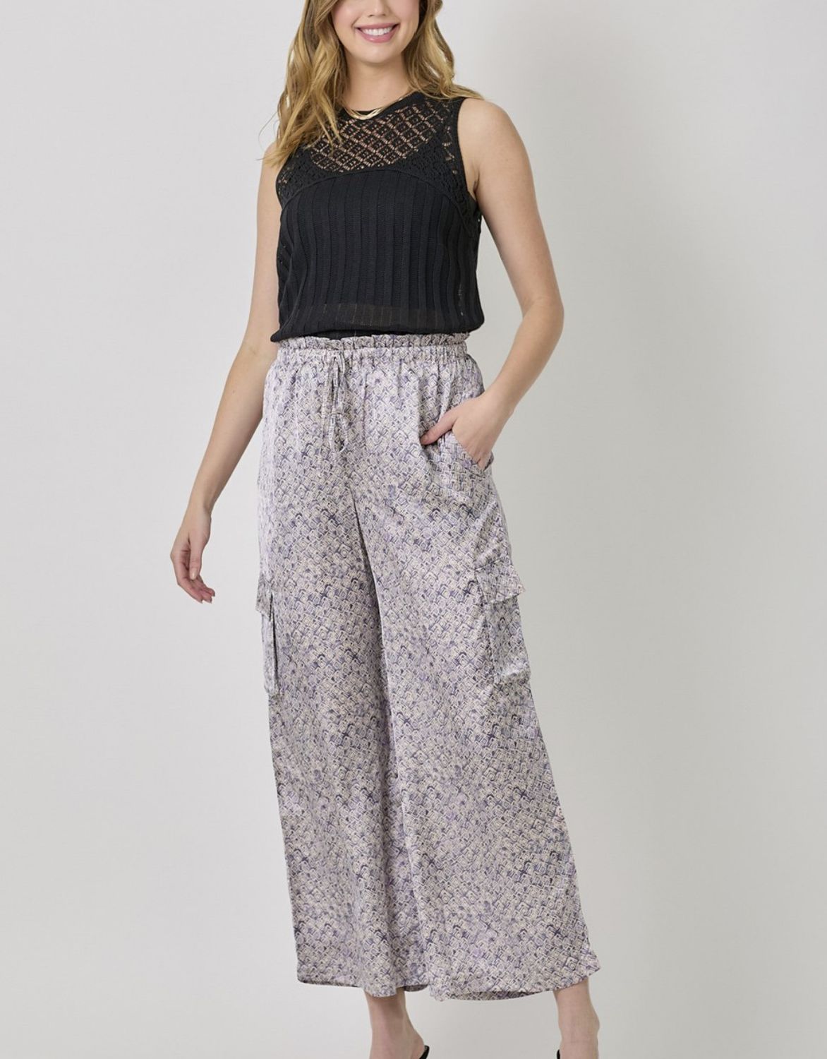 Violet Print Satin Cargo Pants