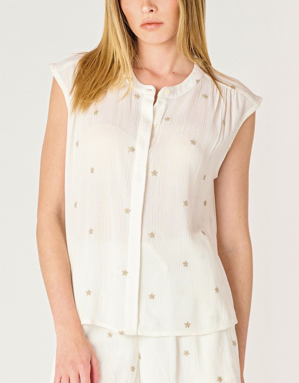 Taupe Button Front Embroidered Blouse