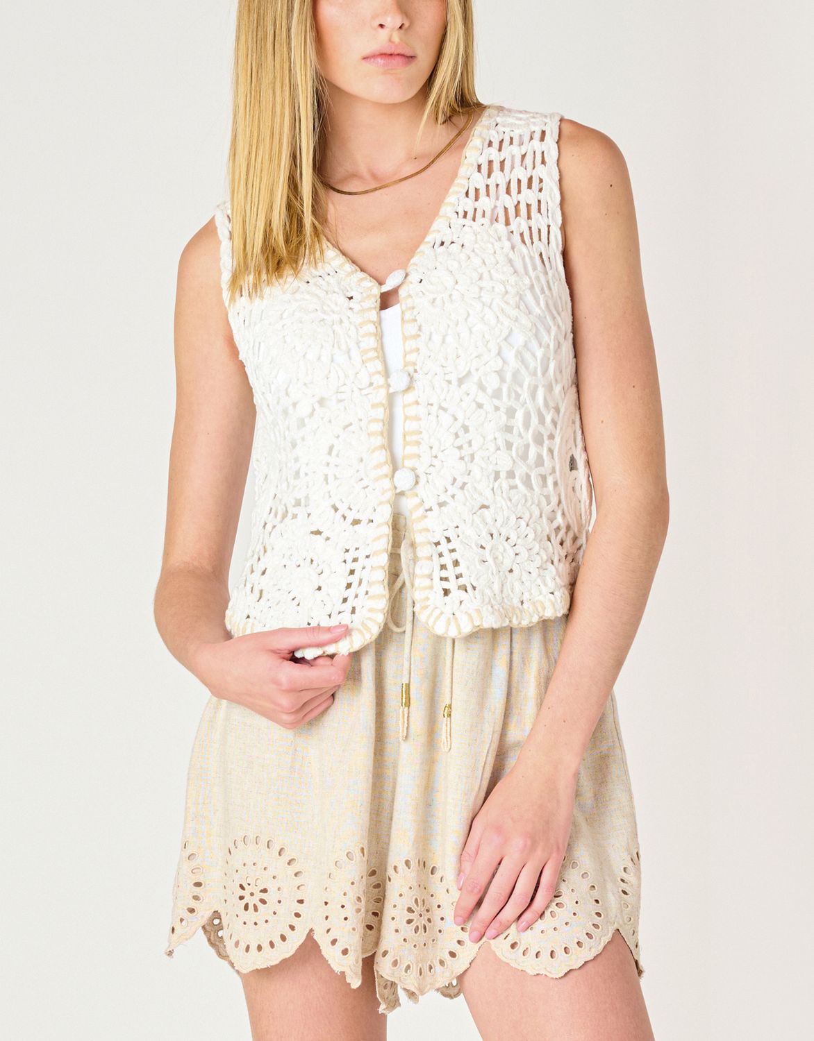 Beige Button Front Crochet Vest