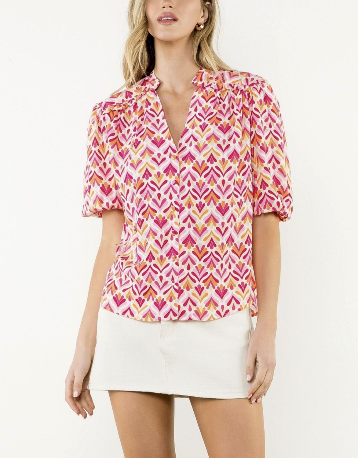 Pink Puff Sleeve Print Top