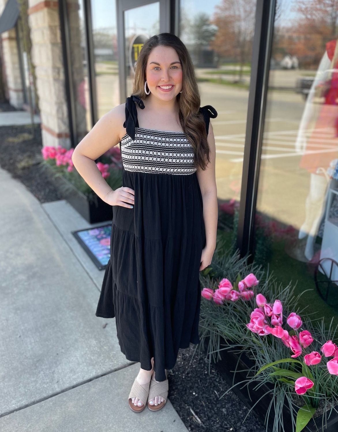 Black Crochet Bust Shoulder Tie Midi