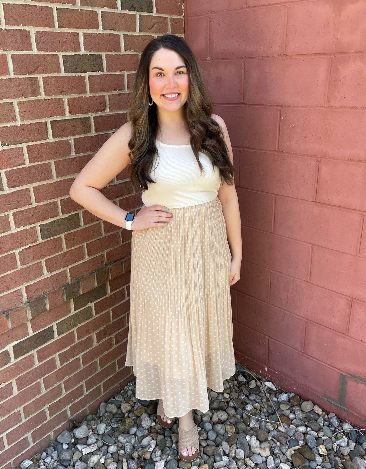 Ecru Pleated Polka Dot Midi