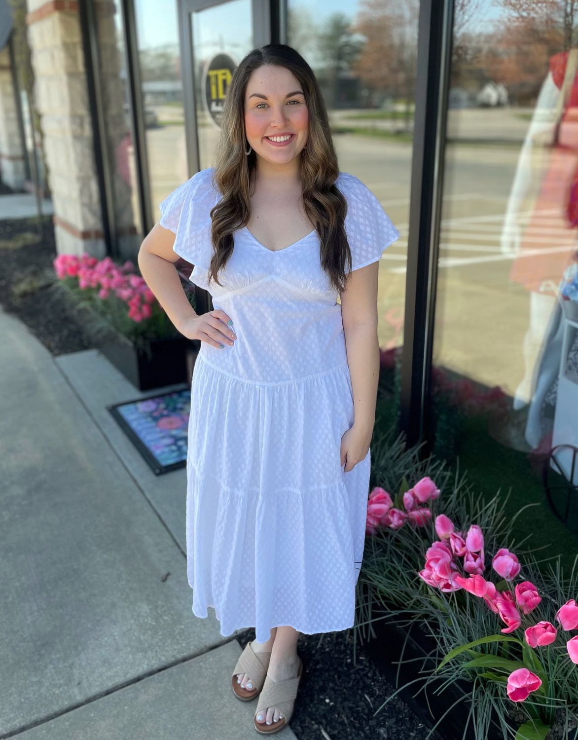 White Flutter Sleeve Midi Dress