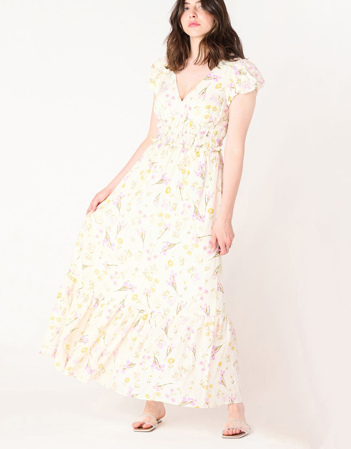 Yellow Floral Bubble Sleeve Maxi