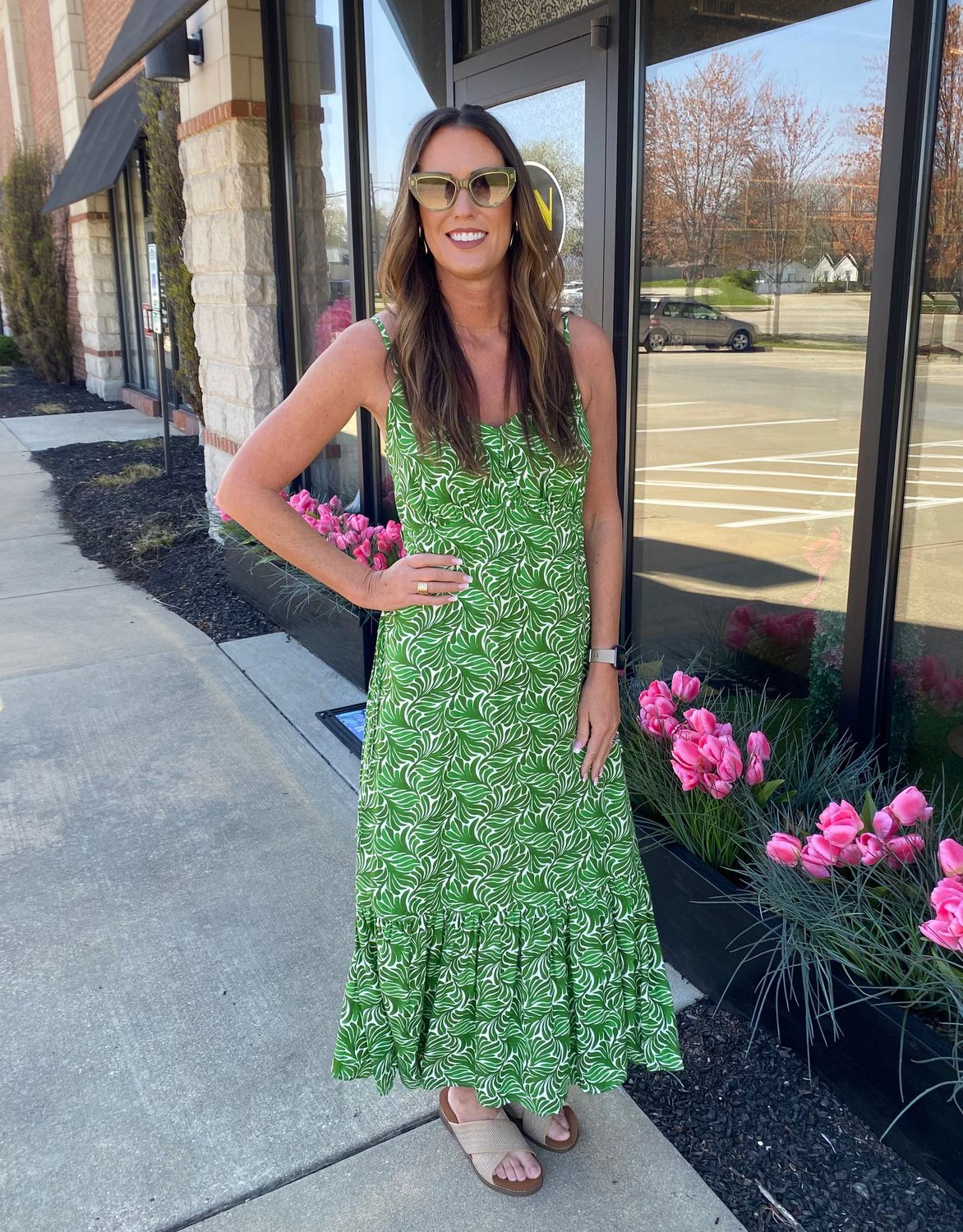Green Print Tiered Midi