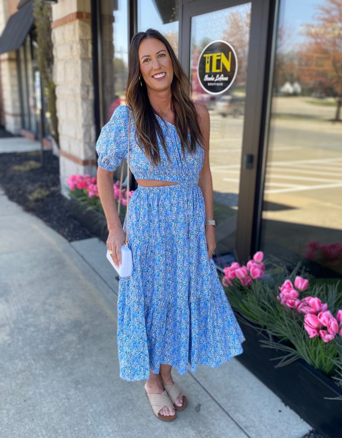 Blue Off the Shoulder Floral Dress