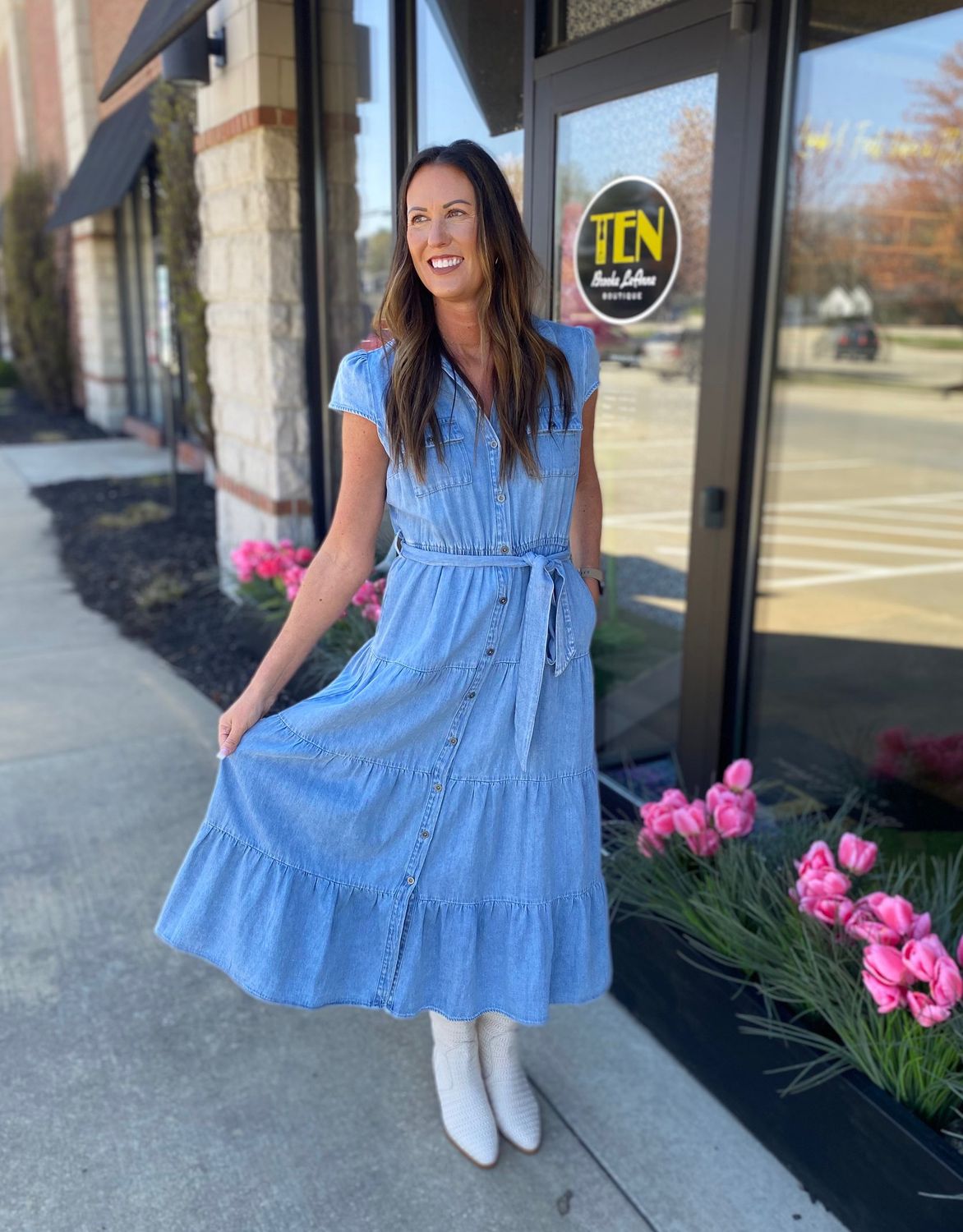 Light Wash Tiered Button Front Denim Dress