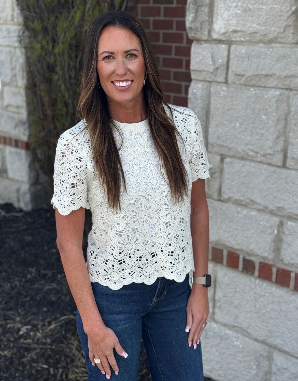 Cream Short Sleeve Crochet Top