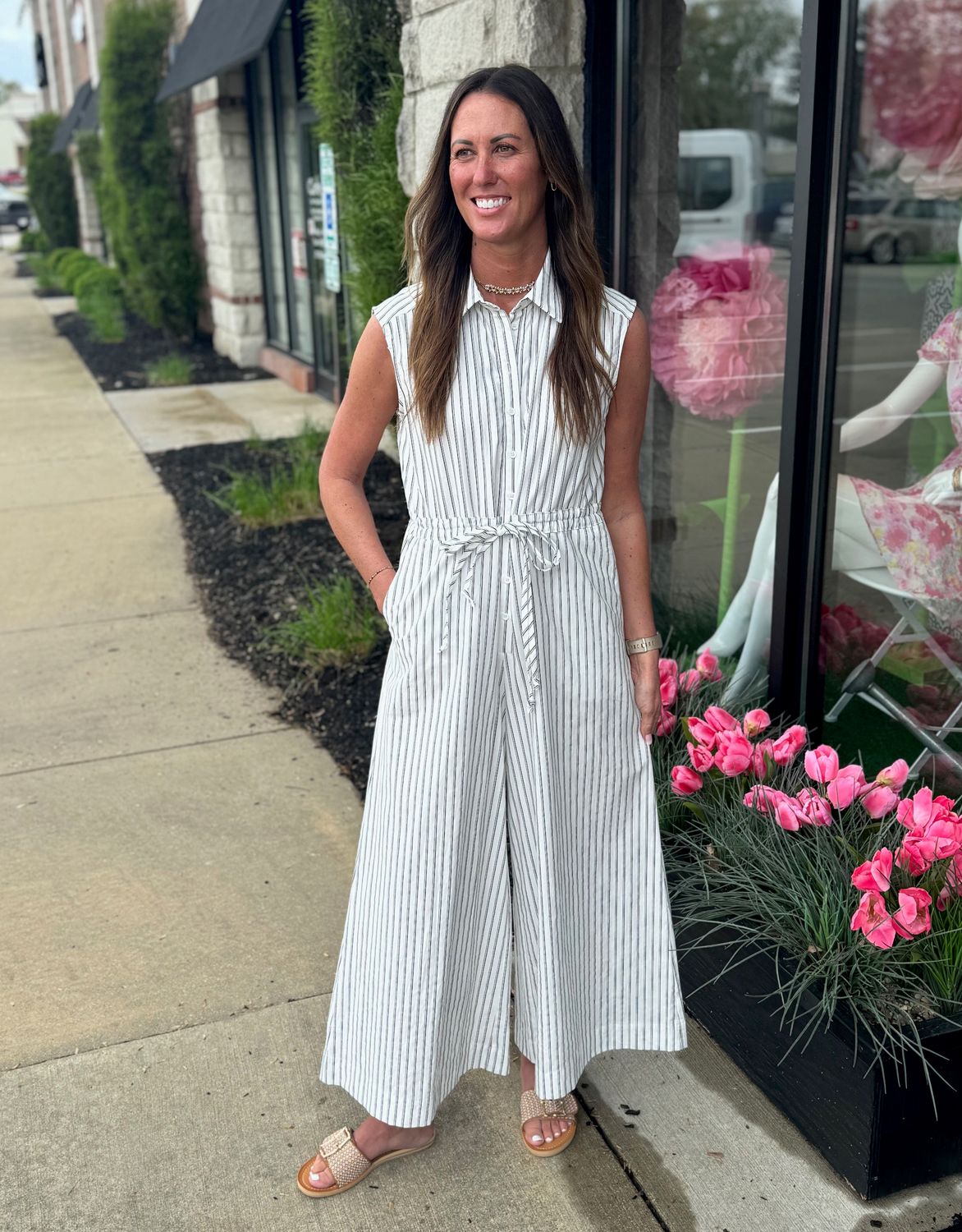 Black Stripe Button Down Jumpsuit