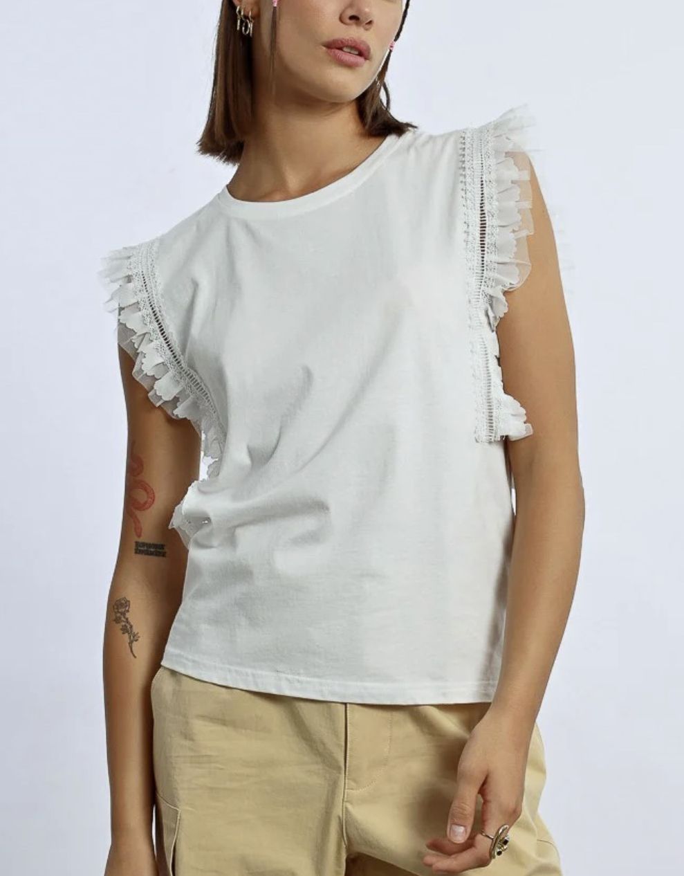 Off White Lace Trim Tee