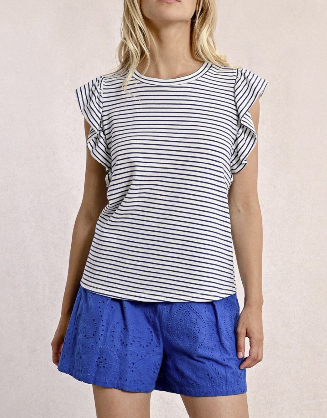 Blue Stripe Flutter Sleeve Tee