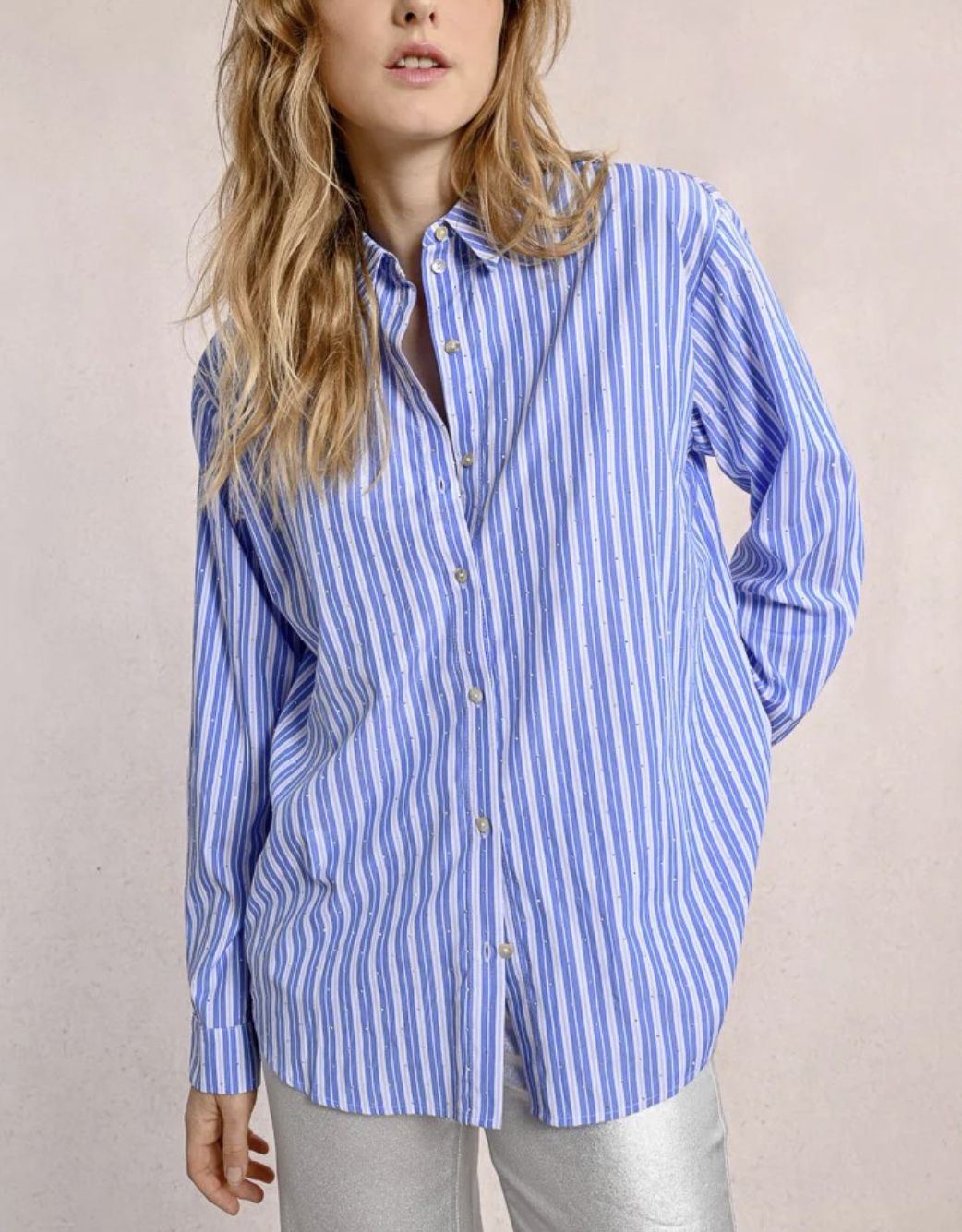 Light Blue Stripe Studded Button Up Top